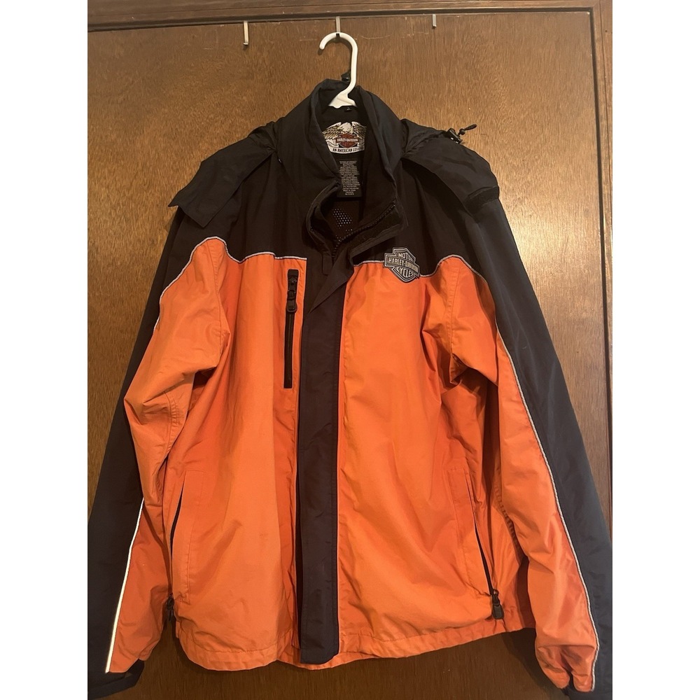 Harley Davidson Windbreaker Jacket Mens L Orange Black Nylon Full Zip Biker